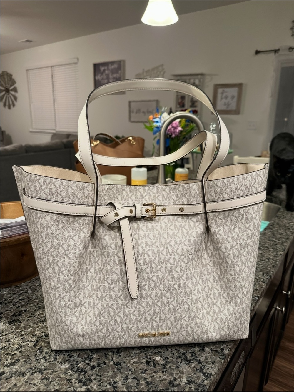 Michael Kors Cream/White Signature Logo Tote with Belt Accent